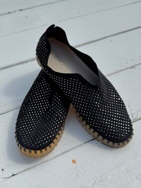 Ilse Jacobsen Tulip 139 Black Silver Dot Perforated Slip-On Flats Sz 9.5 EU 40